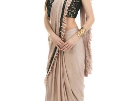 Mominos Fashion All Season Wear Beige And Black Colour Ruffled Ready To Wear Saree Online