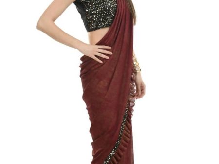 Mominos Fashion All Season Wear Rust And Black Ruffled Ready To Wear Saree Discount