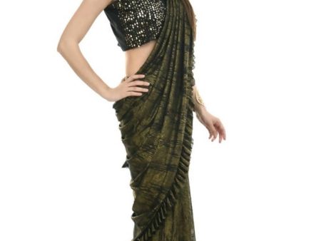 Mominos Fashion All Season Wear Olive Green And Black Ruffled Ready To Wear Saree Cheap