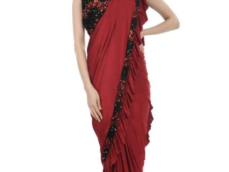 Mominos Fashion All Season Wear Olive Red And Black Ruffled Ready To Wear Saree Cheap