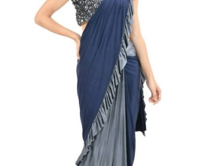 Mominos Fashion All Season Wear Gray And Blue Ruffled Ready To Wear Saree Online Hot Sale