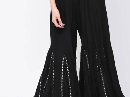 Mominos Fashion Black Viscose Rayon Flared Palazzo with Mirror Lace Work Fashion