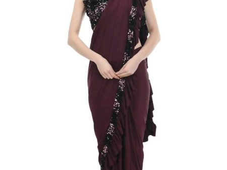 Mominos Fashion All Season Wear Wine And Black Colour Ruffled Ready To Wear Saree For Sale