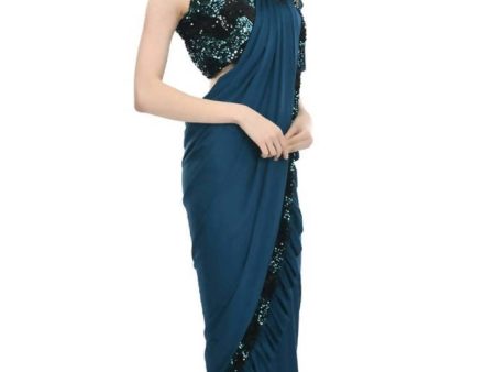 Mominos Fashion All Season Wear Peacock Blue And Black Ruffled Ready To Wear Saree Online Sale