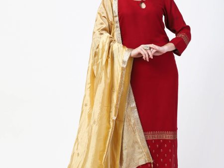 Cheera Maroon Kurta Palazzo & Silk Dupatta Set (CH-86KPD) Online Hot Sale