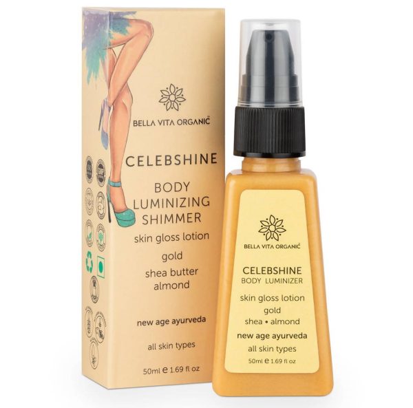 Bella Vita Organic Celeb Shine Body Luminizing Shimmer skin Gloss Lotion Gold Shea Butter Almond Discount