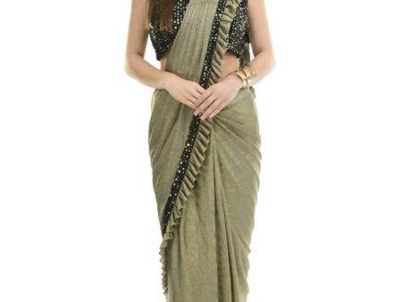 Mominos Fashion All Season Wear Olive Green And Black Ruffled With Blouse Ready To Wear Saree Discount